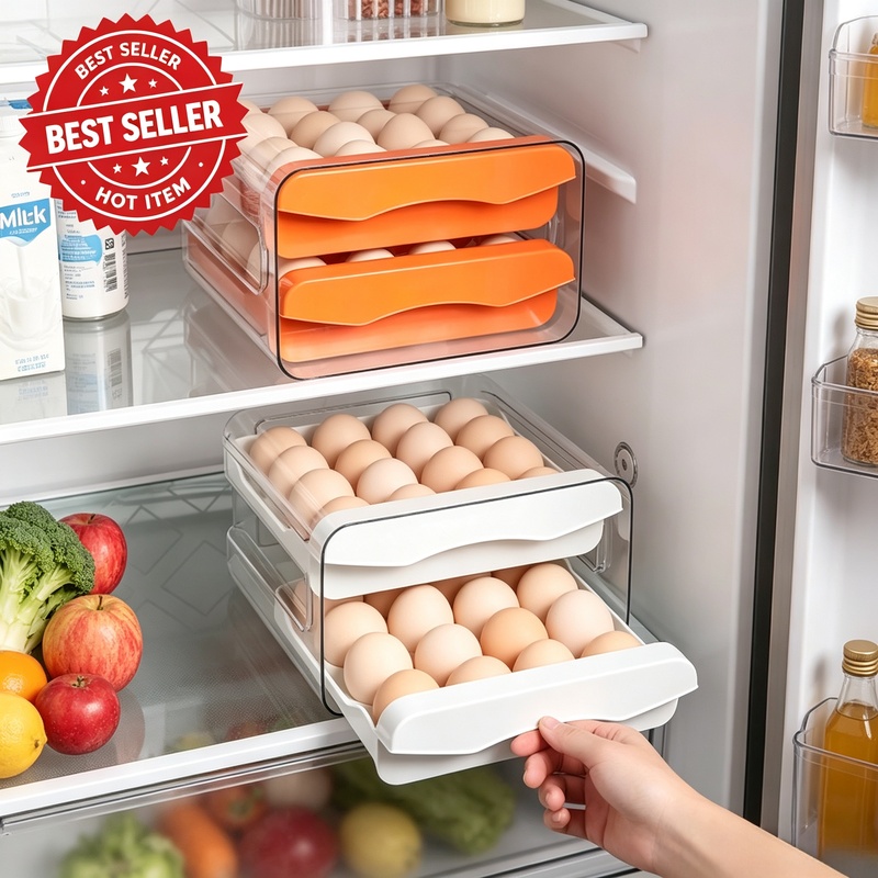 Kitchen Appliances Refrigerators - 2段式の引き出し型冷蔵庫用卵ケース。大容量で、キッチンの冷蔵庫を整理整頓するのに最適なプラスチック製の鮮度保持型卵収納ボックス。